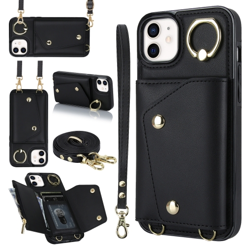 

For iPhone 12 / 12 Pro Zipper Card Bag Phone Case with Dual Lanyard(Black)