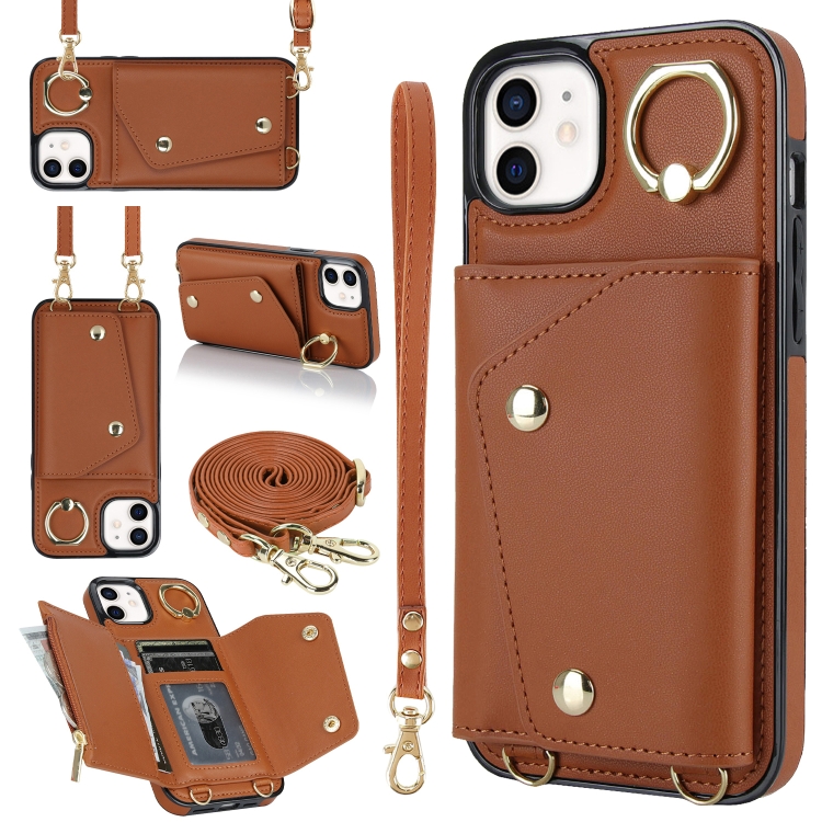 

For iPhone 12 / 12 Pro Zipper Card Bag Phone Case with Dual Lanyard(Brown)