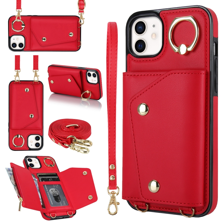 

For iPhone 12 / 12 Pro Zipper Card Bag Phone Case with Dual Lanyard(Red)