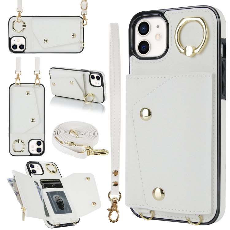 

For iPhone 12 / 12 Pro Zipper Card Bag Phone Case with Dual Lanyard(White)