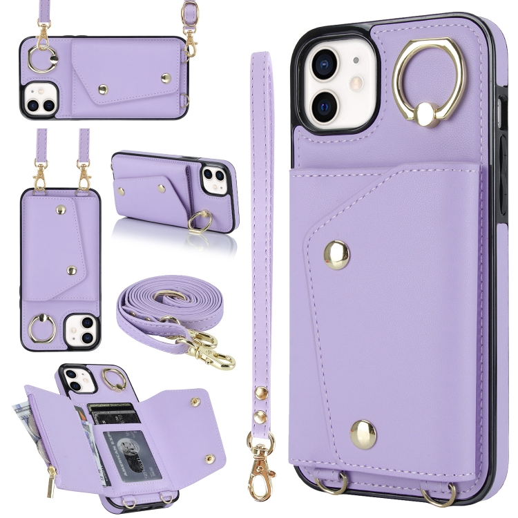 

For iPhone 12 / 12 Pro Zipper Card Bag Phone Case with Dual Lanyard(Purple)