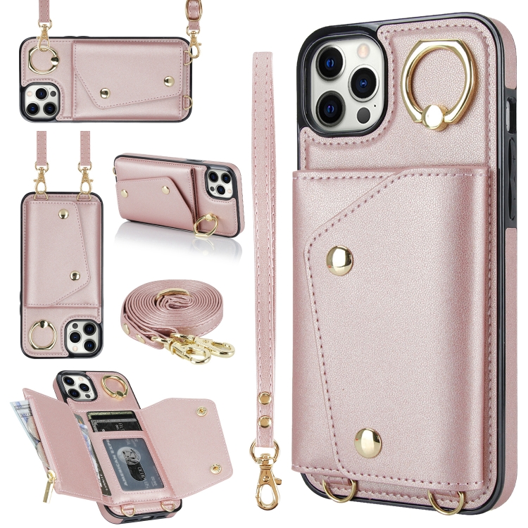 

For iPhone 12 Pro Max Zipper Card Bag Phone Case with Dual Lanyard(Rose Gold)