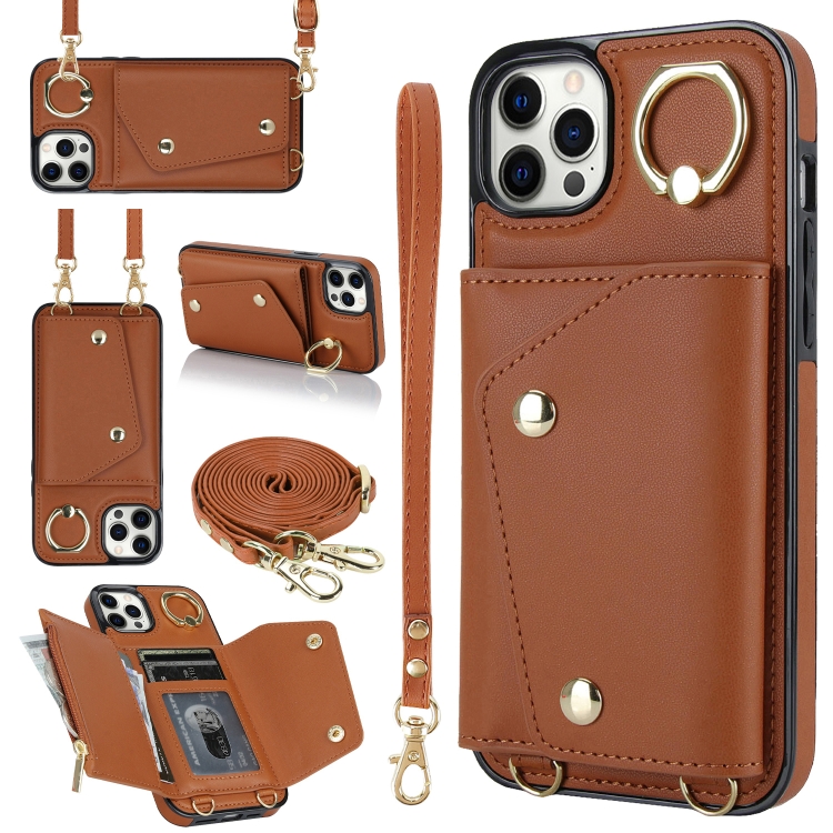 

For iPhone 12 Pro Max Zipper Card Bag Phone Case with Dual Lanyard(Brown)