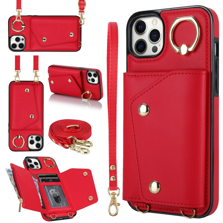 

For iPhone 12 Pro Max Zipper Card Bag Phone Case with Dual Lanyard(Red)
