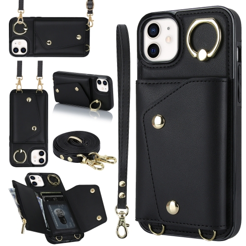 

For iPhone 11 Zipper Card Bag Phone Case with Dual Lanyard(Black)