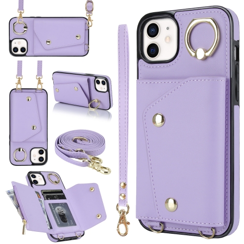 

For iPhone 11 Zipper Card Bag Phone Case with Dual Lanyard(Purple)