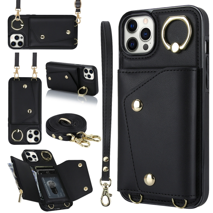 

For iPhone 11 Pro Zipper Card Bag Phone Case with Dual Lanyard(Black)