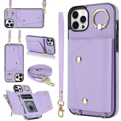 

For iPhone 11 Pro Zipper Card Bag Phone Case with Dual Lanyard(Purple)