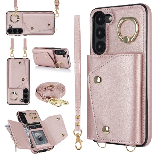 

For Samsung Galaxy S23 5G Zipper Card Bag Phone Case with Dual Lanyard(Rose Gold)