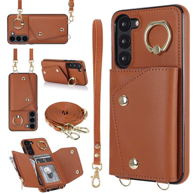

For Samsung Galaxy S23 5G Zipper Card Bag Phone Case with Dual Lanyard(Brown)