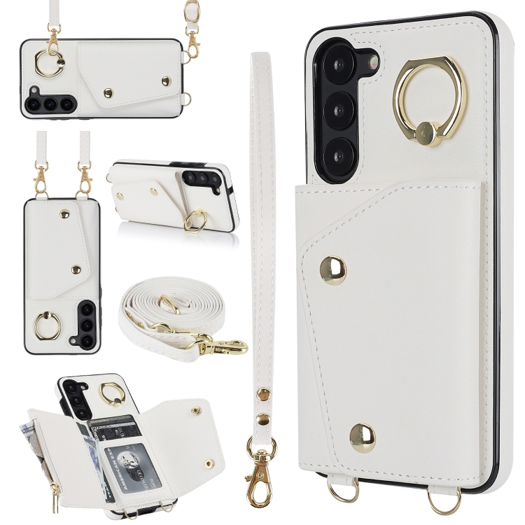 

For Samsung Galaxy S23 5G Zipper Card Bag Phone Case with Dual Lanyard(White)