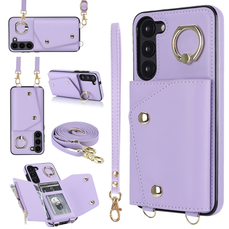 

For Samsung Galaxy S23 5G Zipper Card Bag Phone Case with Dual Lanyard(Purple)