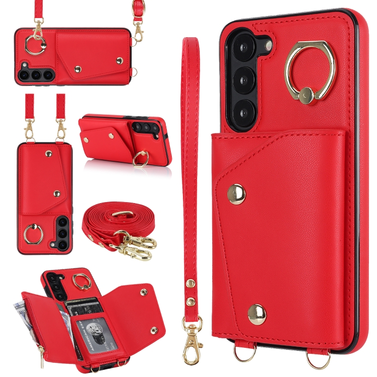 

For Samsung Galaxy S23+ 5G Zipper Card Bag Phone Case with Dual Lanyard(Red)