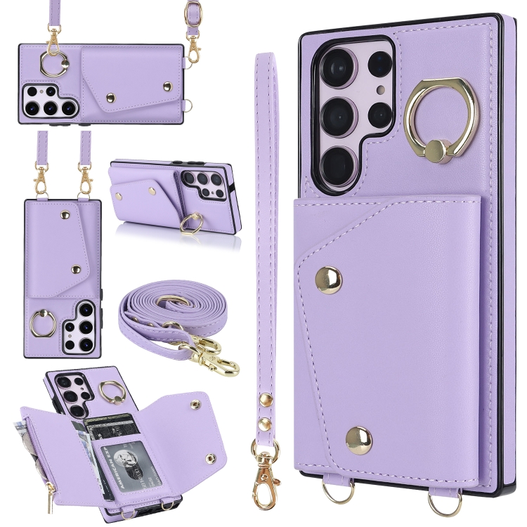 

For Samsung Galaxy S23 Ultra 5G Zipper Card Bag Phone Case with Dual Lanyard(Purple)