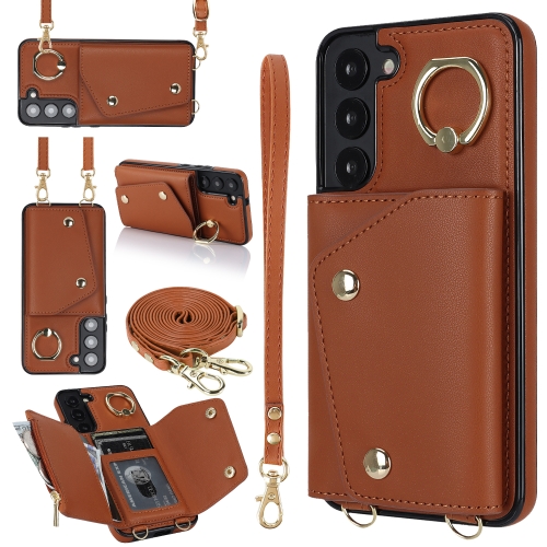 

For Samsung Galaxy S22 5G Zipper Card Bag Phone Case with Dual Lanyard(Brown)