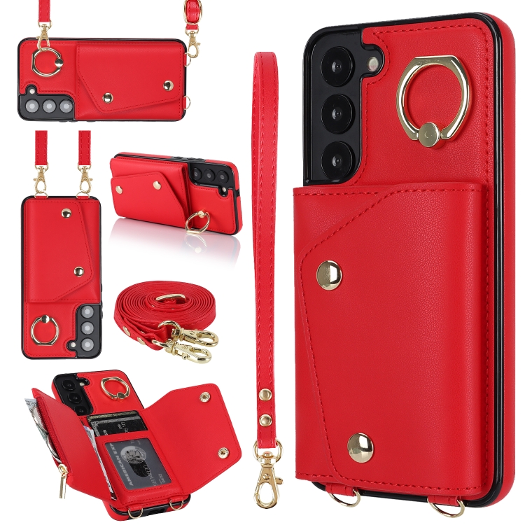 

For Samsung Galaxy S22 5G Zipper Card Bag Phone Case with Dual Lanyard(Red)
