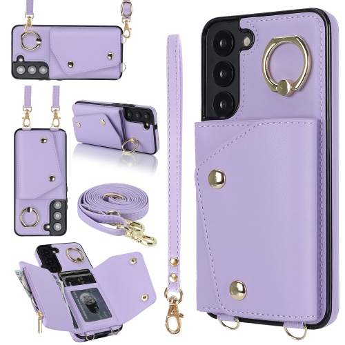 

For Samsung Galaxy S22 5G Zipper Card Bag Phone Case with Dual Lanyard(Purple)