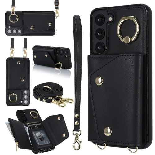 

For Samsung Galaxy S22+ 5G Zipper Card Bag Phone Case with Dual Lanyard(Black)