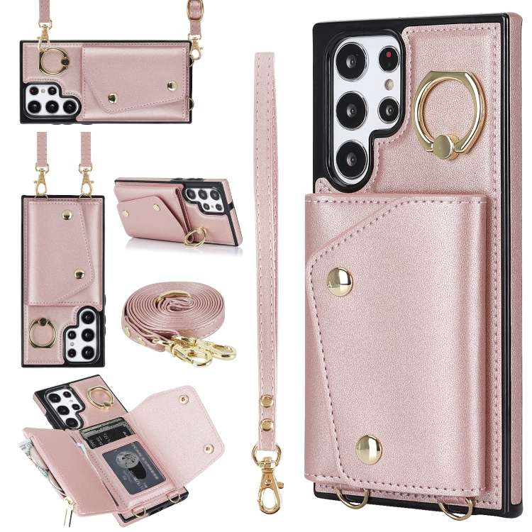 

For Samsung Galaxy S22 Ultra 5G Zipper Card Bag Phone Case with Dual Lanyard(Rose Gold)