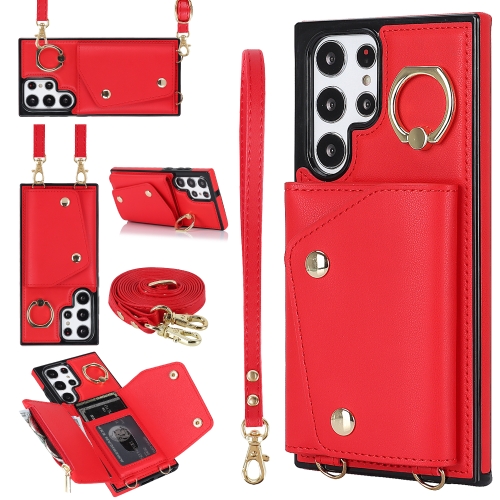 

For Samsung Galaxy S22 Ultra 5G Zipper Card Bag Phone Case with Dual Lanyard(Red)