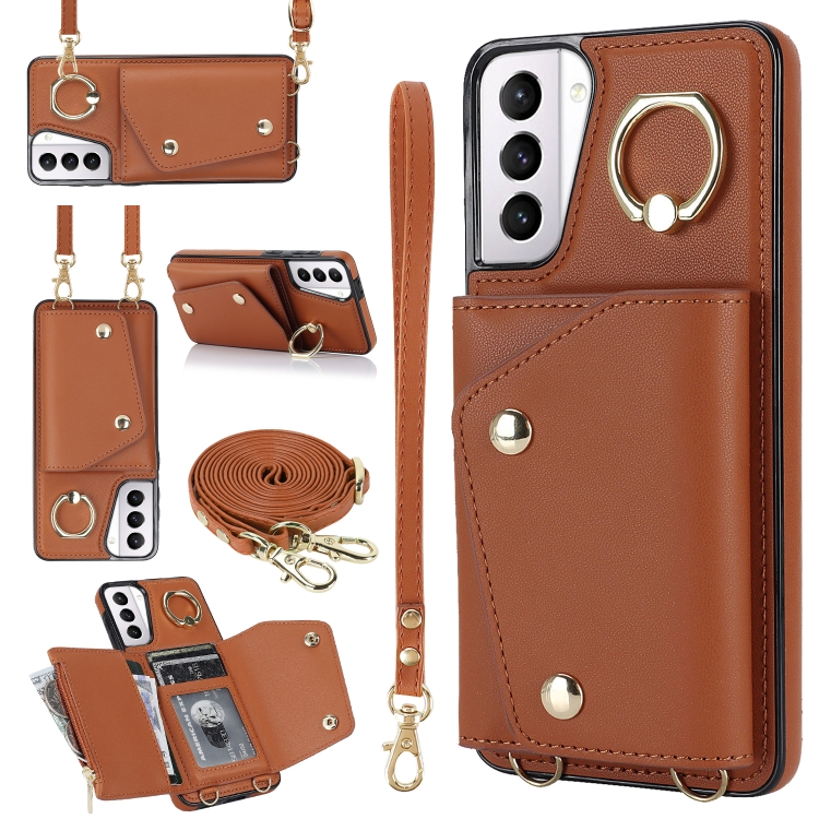 

For Samsung Galaxy S21 5G Zipper Card Bag Phone Case with Dual Lanyard(Brown)
