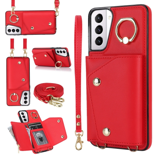 

For Samsung Galaxy S21 5G Zipper Card Bag Phone Case with Dual Lanyard(Red)