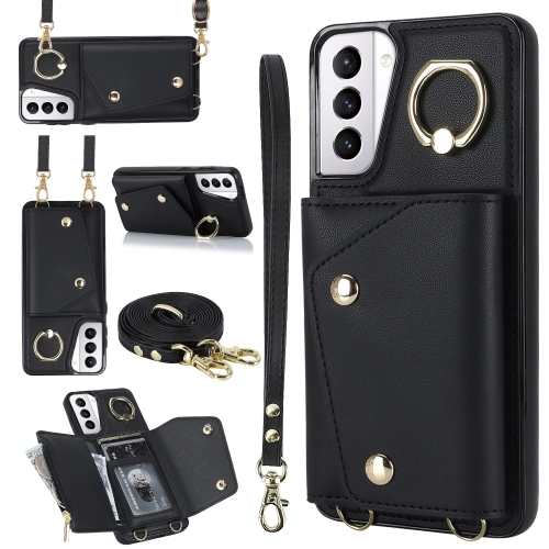 

For Samsung Galaxy S21+ 5G Zipper Card Bag Phone Case with Dual Lanyard(Black)