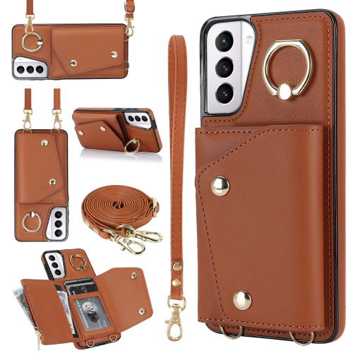 

For Samsung Galaxy S21+ 5G Zipper Card Bag Phone Case with Dual Lanyard(Brown)