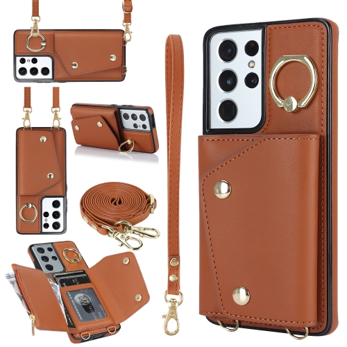 

For Samsung Galaxy S21 Ultra 5G Zipper Card Bag Phone Case with Dual Lanyard(Brown)