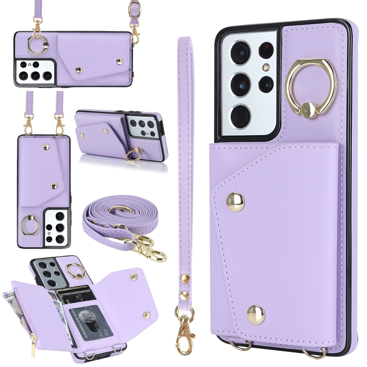 

For Samsung Galaxy S21 Ultra 5G Zipper Card Bag Phone Case with Dual Lanyard(Purple)