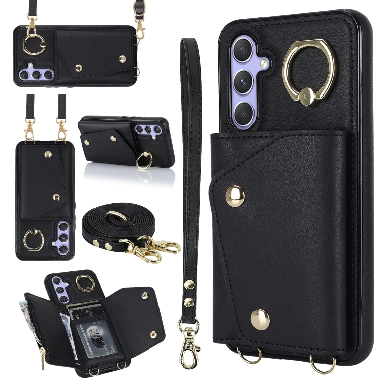 

For Samsung Galaxy A54 5G Zipper Card Bag Phone Case with Dual Lanyard(Black)