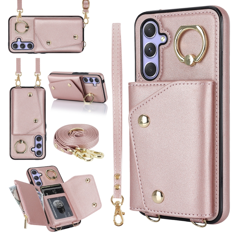 

For Samsung Galaxy A54 5G Zipper Card Bag Phone Case with Dual Lanyard(Rose Gold)