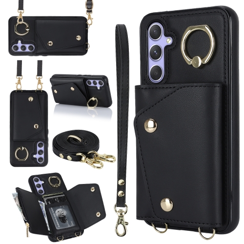 

For Samsung Galaxy A14 5G / 4G Zipper Card Bag Phone Case with Dual Lanyard(Black)