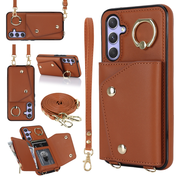 

For Samsung Galaxy A14 5G / 4G Zipper Card Bag Phone Case with Dual Lanyard(Brown)