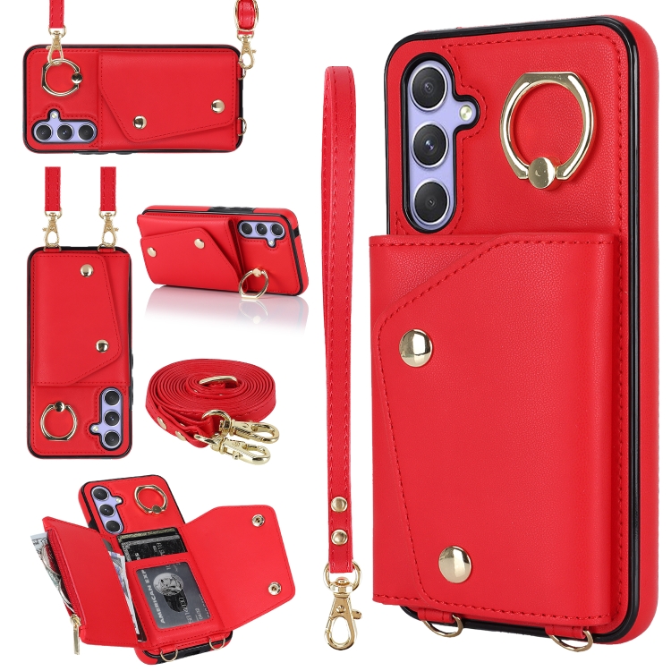 

For Samsung Galaxy A14 5G / 4G Zipper Card Bag Phone Case with Dual Lanyard(Red)