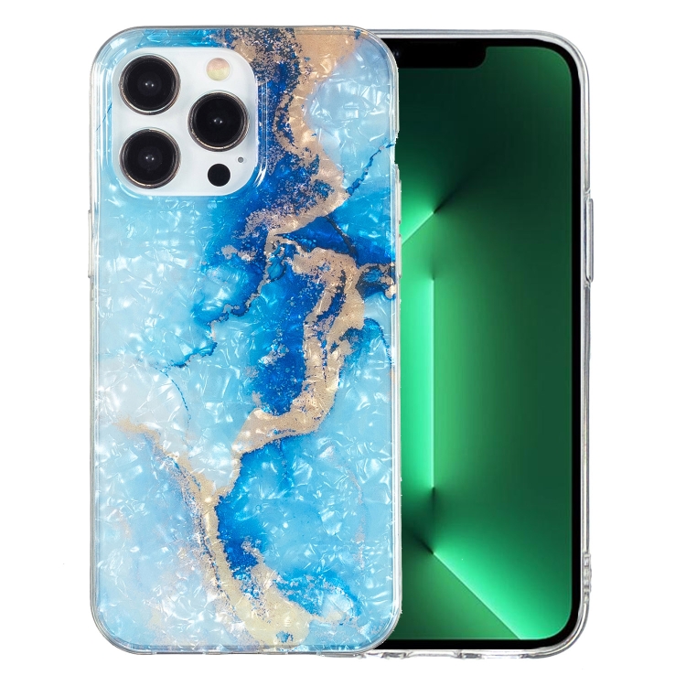 

For iPhone 13 Pro IMD Shell Pattern TPU Phone Case(Blue Gold Marble)