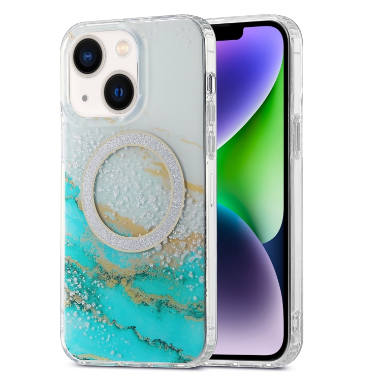 

For iPhone 14 Dual-side IMD Marble Magsafe Phone Case(White Green)