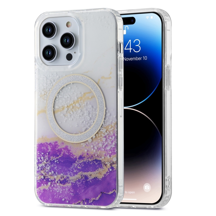 

For iPhone 14 Pro Dual-side IMD Marble Magsafe Phone Case(White Purple)