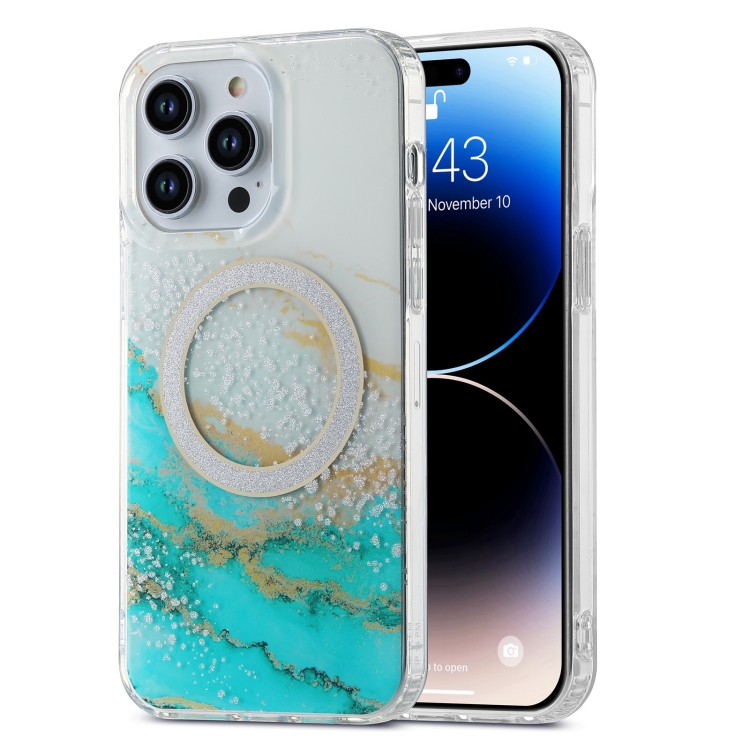 

For iPhone 14 Pro Max Dual-side IMD Marble Magsafe Phone Case(White Green)