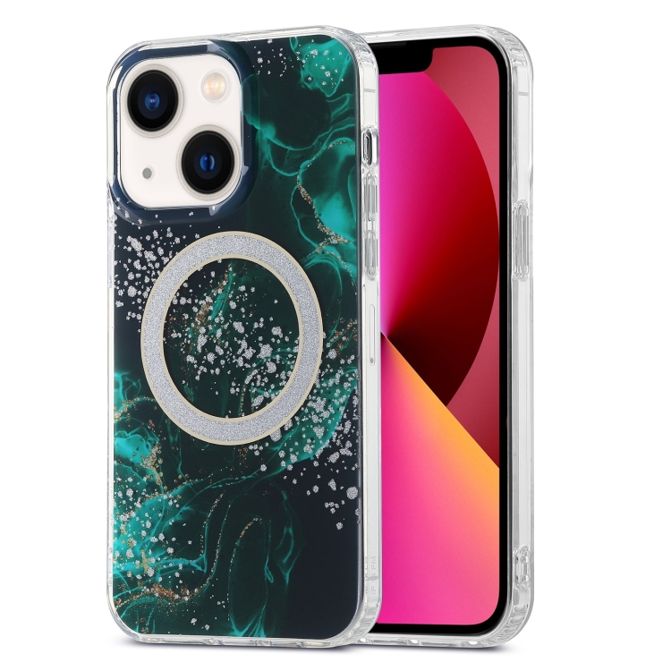

For iPhone 13 Dual-side IMD Marble Magsafe Phone Case(Dark Green)