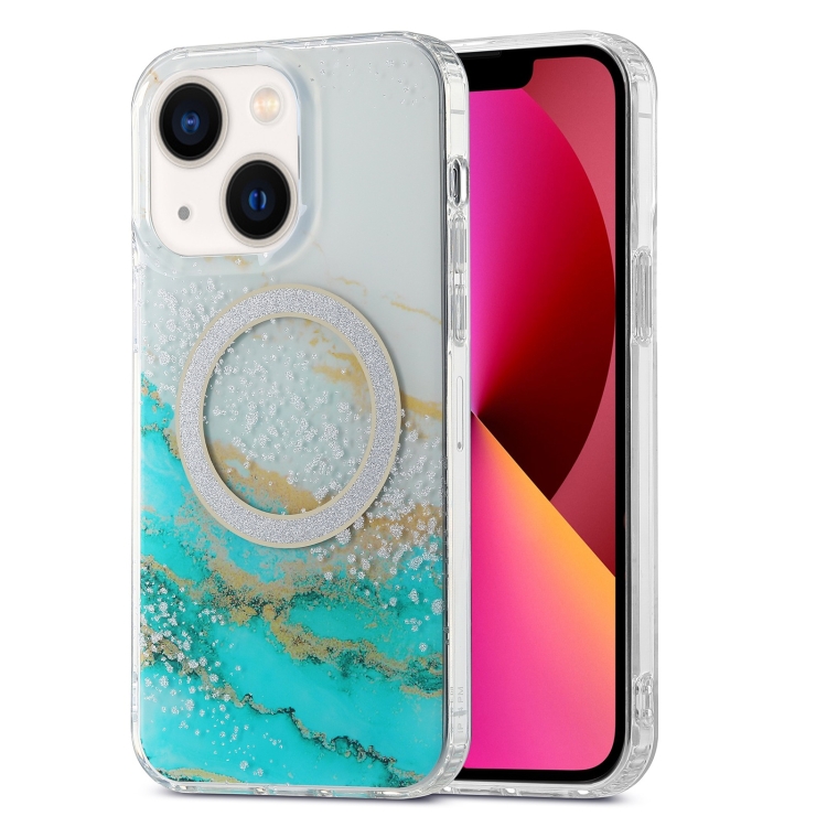 

For iPhone 13 Dual-side IMD Marble Magsafe Phone Case(White Green)