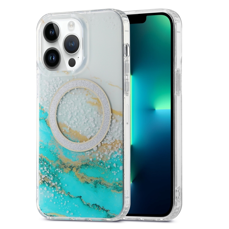 

For iPhone 13 Pro Max Dual-side IMD Marble Magsafe Phone Case(White Green)