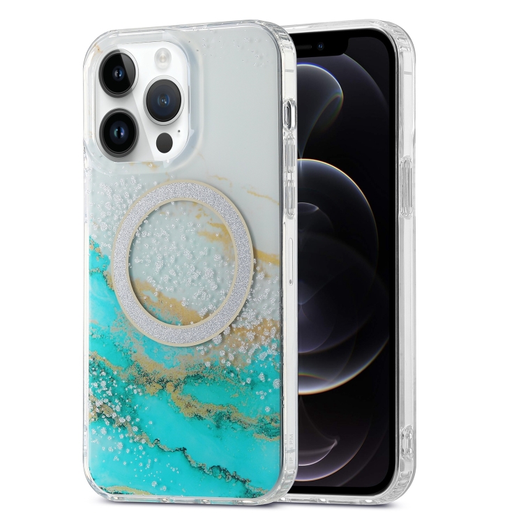 

For iPhone 12 Pro Dual-side IMD Marble Magsafe Phone Case(White Green)