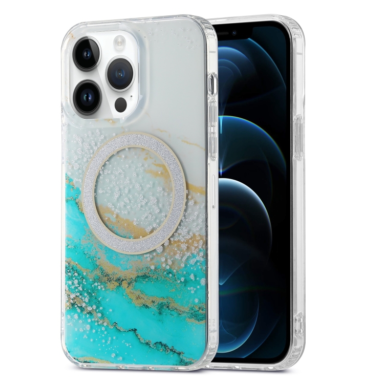 

For iPhone 12 Pro Max Dual-side IMD Marble Magsafe Phone Case(White Green)