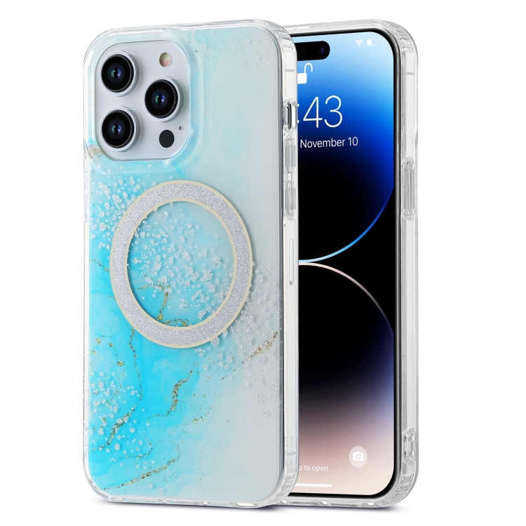 

For iPhone 15 Pro Max Dual-side IMD Marble Magsafe Phone Case(Sky Blue)