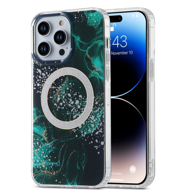 

For iPhone 15 Pro Dual-side IMD Marble Magsafe Phone Case(Dark Green)