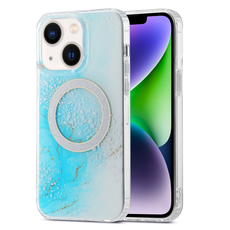 

For iPhone 15 Plus Dual-side IMD Marble Magsafe Phone Case(Sky Blue)