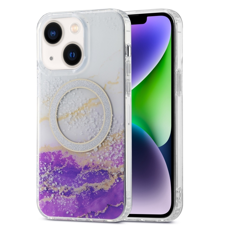 

For iPhone 15 Plus Dual-side IMD Marble Magsafe Phone Case(White Purple)
