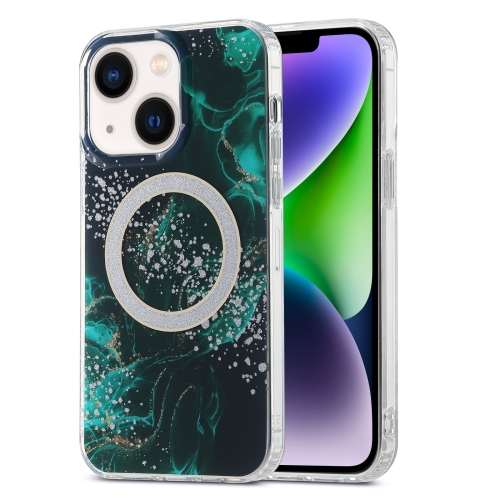 

For iPhone 15 Dual-side IMD Marble Magsafe Phone Case(Dark Green)