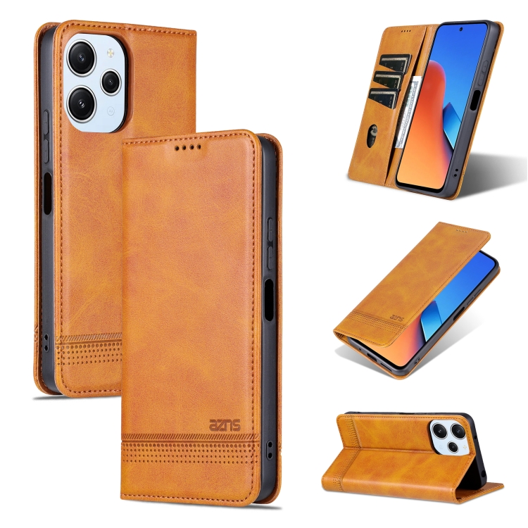 

For Xiaomi Redmi 12 4G AZNS Magnetic Calf Texture Flip Leather Phone Case(Light Brown)